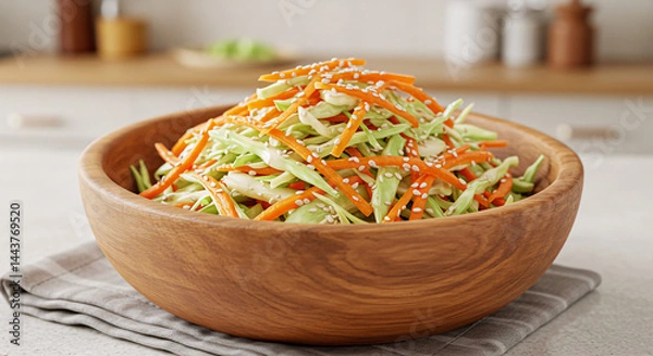 Obraz Cabbage and carrot salad with sesame seeds and soy dressing, served in a rustic wooden bowl with a soft kitchen backdrop

