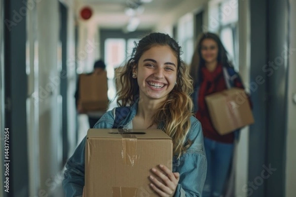 Fototapeta Smiling female college students carry boxes in dormitory hallway on moving day