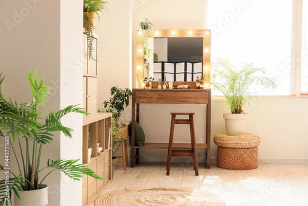 Fototapeta Interior of makeup room with table, glowing mirror and palm trees