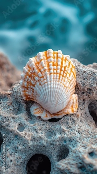 Obraz Seashell resting on textured rock, ocean backdrop