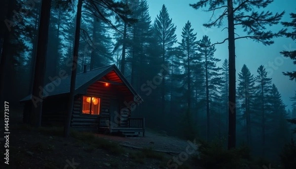 Fototapeta Mystical cabin illuminated within a tranquil forest amidst a muted color palette of blues and greens