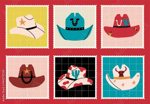 Obraz Stamps with different designs of cowboy hats. Vector hand drawn illustration