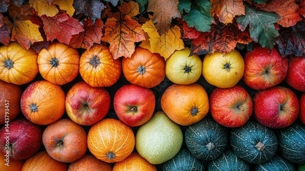 Fototapeta Autumnal fruit and vegetable display.  Colorful arrangement of pumpkins, apples, and squashes, with autumn leaves at the top