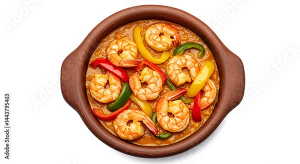 Obraz Moqueca baiana in a clay bowl, with shrimp and peppers, overhead angle, white PNG background

