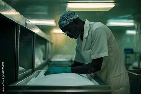 Fototapeta The process is silent, orderly with every injection, every stitch, carried out by the embalmer with full concentration and empathy. Here, between the stiff body and the departed soul, humanity lives