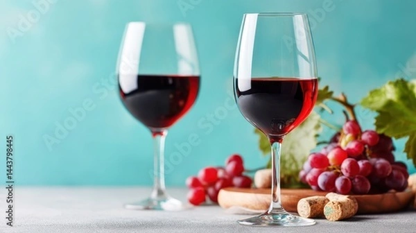Fototapeta An elegant arrangement featuring two glasses of red wine accompanied by fresh grapes and corks, perfect for a stylish evening or romantic gathering. Cheers to good company!