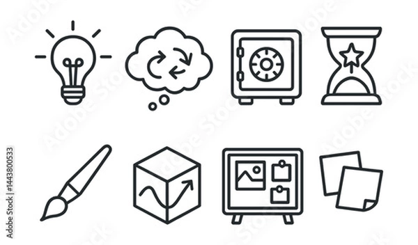 Fototapeta Line vector icons of creativity boosters: lightbulb spark, brainstorm cloud, idea bank, creative timer, art tool, fresh perspective, vision board, sticky notes.
