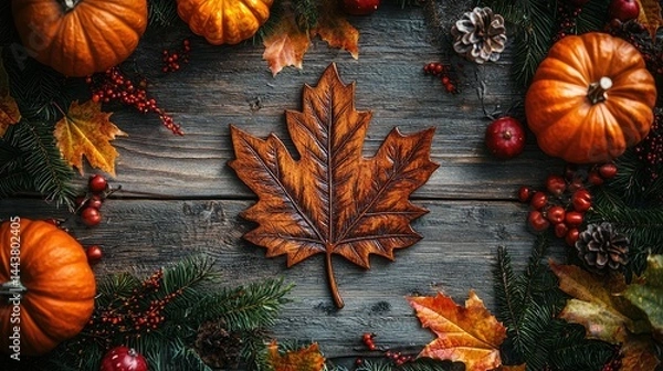 Fototapeta Autumnal Thanksgiving display on rustic wood