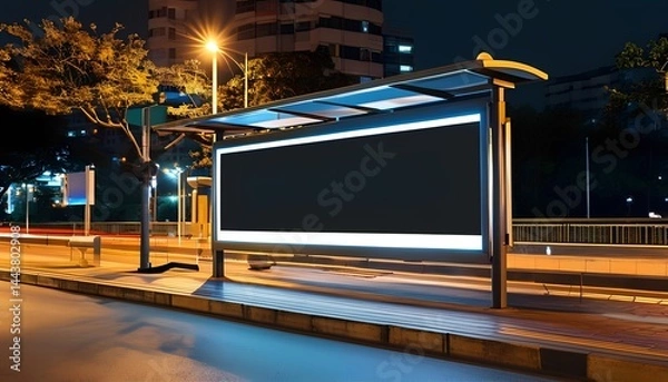 Fototapeta Nighttime bus stop urban city empty billboard busy street photographic perspective urban life concept