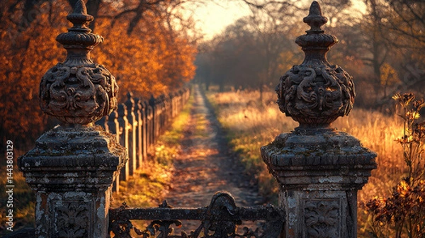 Fototapeta Autumnal path through a park with ornate gateposts