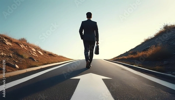 Fototapeta Businessman walking towards success on open road urban landscape high-resolution image inspirational viewpoint journey concept