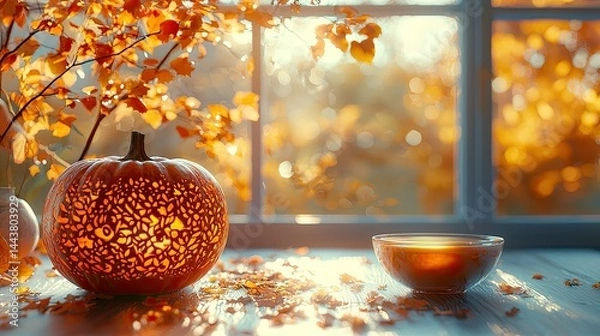 Fototapeta Autumnal window scene with carved pumpkin and tea. Warm, inviting autumnal ambiance, featuring a carved pumpkin illuminated from within, nestled beside a window with autumn leaves. 