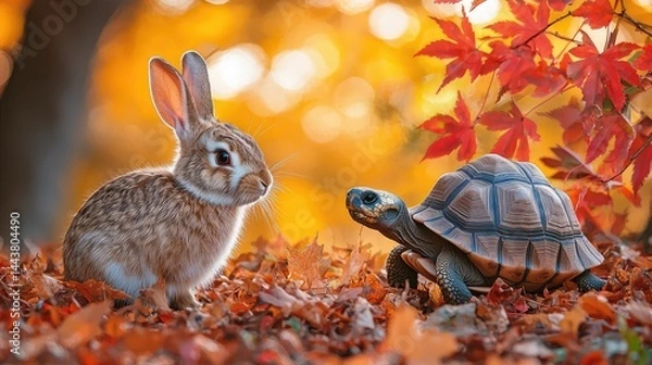 Fototapeta Autumnal woodland scene with a rabbit and turtle