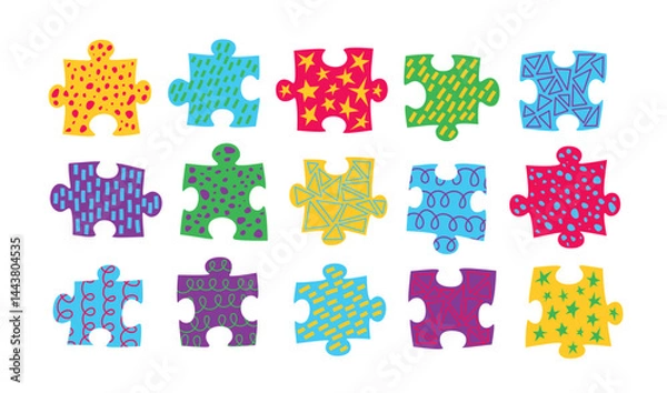Fototapeta Set of colorful jigsaw puzzle pieces with patterns. Vector decorative elements collection