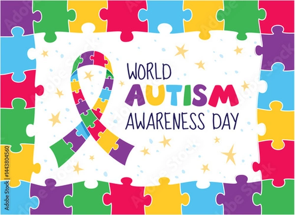 Fototapeta World Autism Awareness Day banner with colorful jigsaw puzzle frame and awareness ribbon. Vector illustration event web banner design