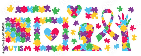 Fototapeta Big elements set with jigsaw puzzle pattern for World Autism Awareness Day. Vector illustrations collection on a white background