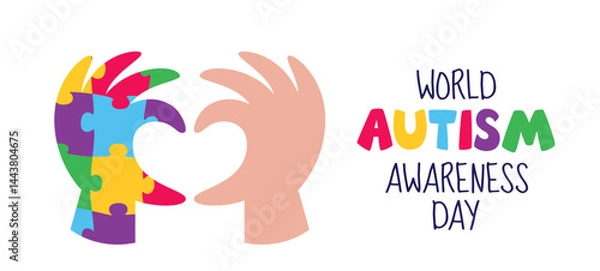 Fototapeta Horizontal banner with hands in a heart gesture for World Autism Awareness Day. Vector illustration web banner design