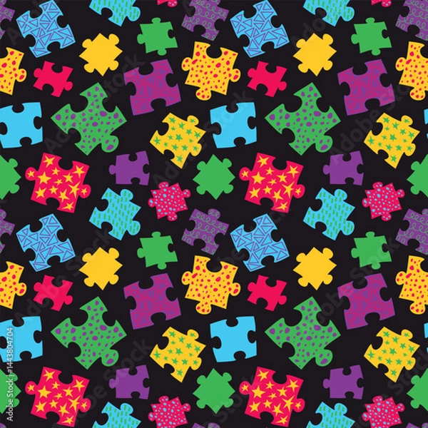 Fototapeta Seamless pattern with bright multicolored puzzle pieces. Vector background design with bright elements for wrapping paper, textile and fabrics