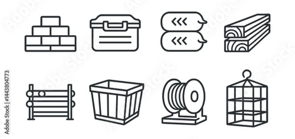 Fototapeta Line vector icons of material storage: stacked bricks, tool chest, cement sacks, timber planks, pipe rack, container bin, cable reel, safety cage.