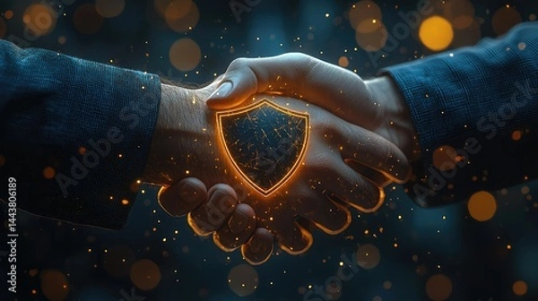 Fototapeta Business partnership with digital shield.  Two people shaking hands, with a glowing shield graphic between their clasped hands.  The image suggests a secure and reliable agreement