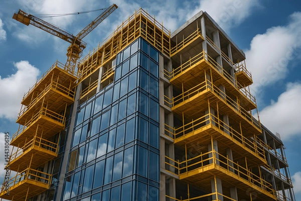 Fototapeta A large building with a crane in the background