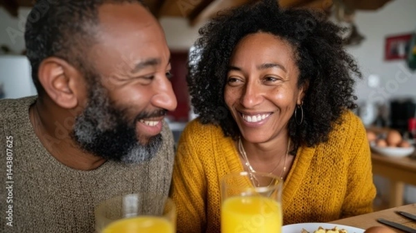 Obraz This image captures an intimate moment between a couple enjoying breakfast together at home, radiating warmth, joy, and connection over shared food and laughter.