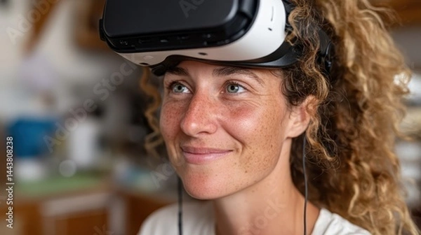 Obraz A thoughtful woman is wearing a VR headset, appearing deep in concentration, highlighting the captivating nature of virtual reality amid a relaxed environment.