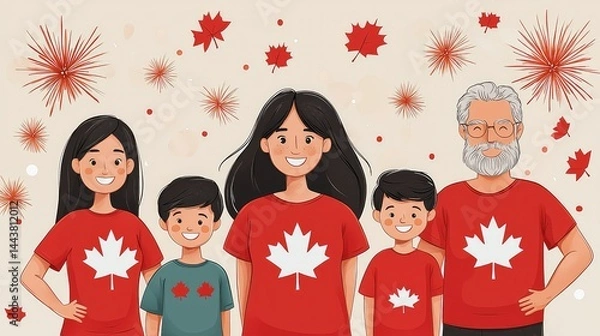 Fototapeta Canadian family celebrating.  Warmly dressed in red shirts with maple leaf emblems, a family of four stands proudly against a background of fireworks and leaves.  