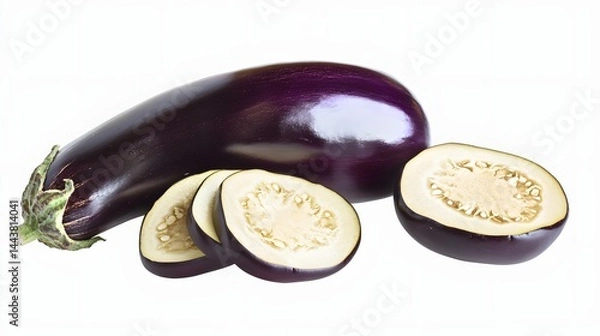 Fototapeta Eggplant bundle, whole vegetables and cut in slices, isolated on a transparent background , showcasing serene balance