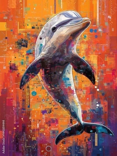 Obraz Glitch Art Dolphin Jumping Out of Water, Abstract Wildlife Artwork,  Cetacean in Action, Ocean Mammal Swimming Poster