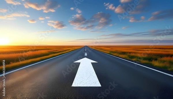 Fototapeta Driving towards the horizon open road landscape at sunset serene environment captured viewpoint for inspirational imagery