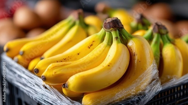 Obraz A beautifully arranged bunch of ripe bananas in a basket, set against a blurred natural background, emphasizing their texture and vibrant color as a natural food item.