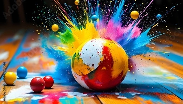 Fototapeta Colorful paint explosion ball creating a vibrant scene in a studio environment artistic and dynamic viewpoint