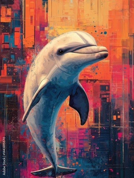 Obraz Glitch Art Dolphin Jumping Out of Water, Abstract Wildlife Artwork,  Cetacean in Action, Ocean Mammal Swimming Poster
