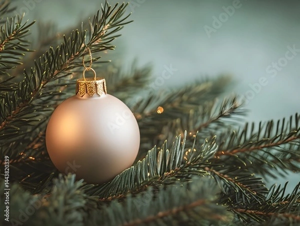 Fototapeta elegant christmas ornament nestled in lush evergreen branches soft ambient glow minimalist festive scene on muted sage background delicate gold accents