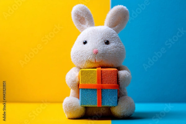 Obraz Cute Easter bunny holding bright gift box on two-tone background.