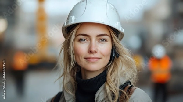 Fototapeta Confident Female Construction Worker Wearing Safety Helmet and Reflective Gear on a Busy Site