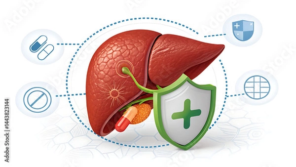 Obraz 3d illustration of healthy human liver in protective circle with shield icon and pill