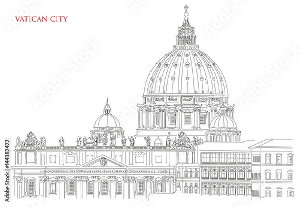 Fototapeta Vatican minimal vector illustration on white background, view of Saint Peters basilica and Vatican flag