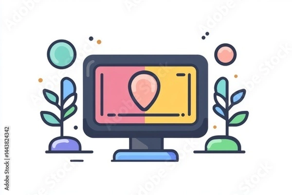 Fototapeta Computer monitor with map pin symbol and abstract interface design