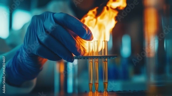 Fototapeta Lab assistant ignites test tubes with amber liquid