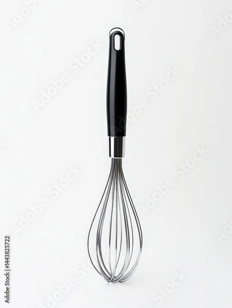 Fototapeta Stainless steel whisk with a sleek black handle, isolated on a white background for culinary use