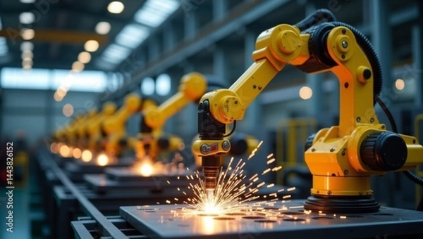 Fototapeta Bright yellow industrial robotic arm engaged in precision welding process in a hightech factory setting