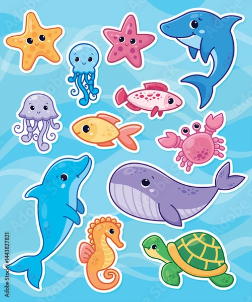 Obraz Set of cute cartoon sea animals. Sticker design. Vector characters