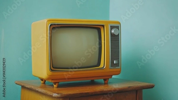 Obraz Retro yellow television set on a wooden table.