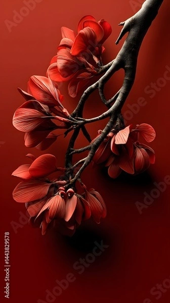 Fototapeta Crimson Bloom: A close-up image showcasing a single branch of vibrant red flowers against a deep red backdrop, creating a striking contrast and highlighting the delicate beauty of nature.