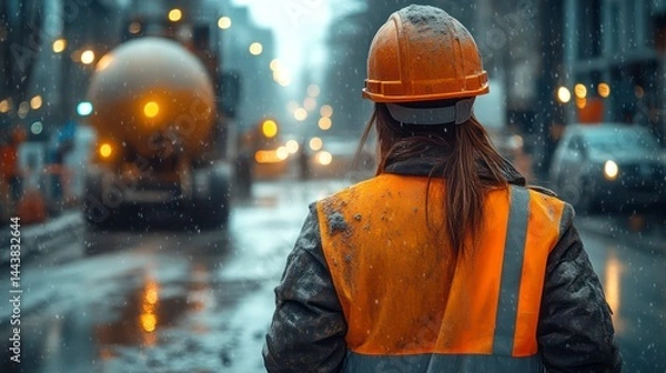 Obraz Worker in Safety Gear Standing in Rainy Urban Environment Wearing Reflective Vest and Hard Hat
