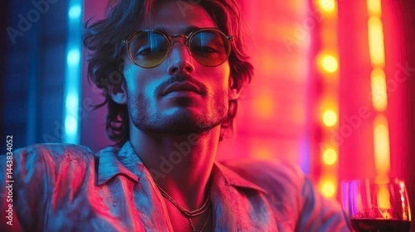 Obraz Stylish Individual in Neon Lighting with Sunglasses and Wine Glass