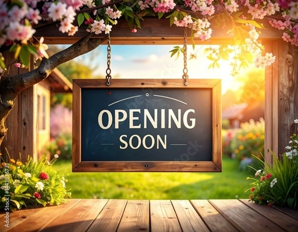 Fototapeta Springtime garden scene with a chalkboard sign reading "Opening Soon," hanging from a wooden structure adorned with blooming cherry blossoms.  Perfect for business announcements.