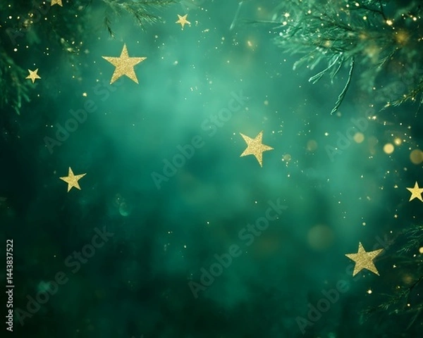 Fototapeta enchanting green backdrop with delicate gold star elements scattered throughout creating a magical atmosphere perfect for festive holiday or romantic designs
